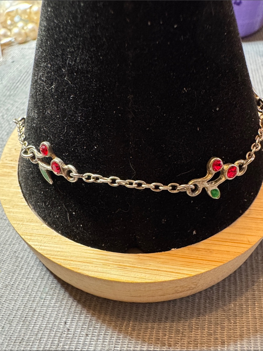 Vintage Source Unknown Silver-tone Bracelet with Red Stones and Green Leaves